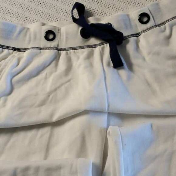 Vintage Cotton Embellished Cinched White Accented Blue Seams Pocketed Sz M Pants - Picture 3 of 7